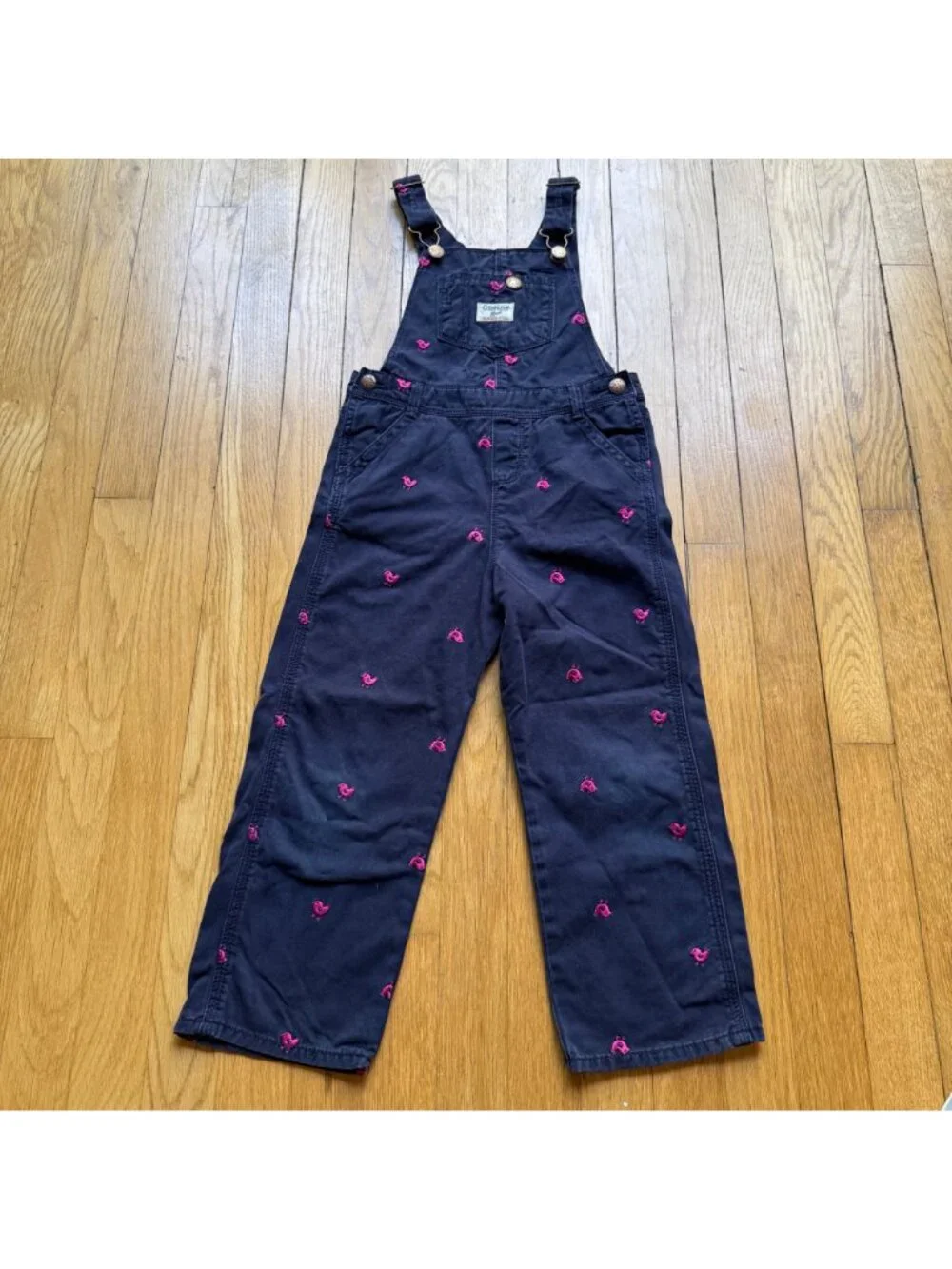 VTG OshKosh B'gosh Girl Size 5 Blue Denim Pink Bird Embroidered Bib Overalls